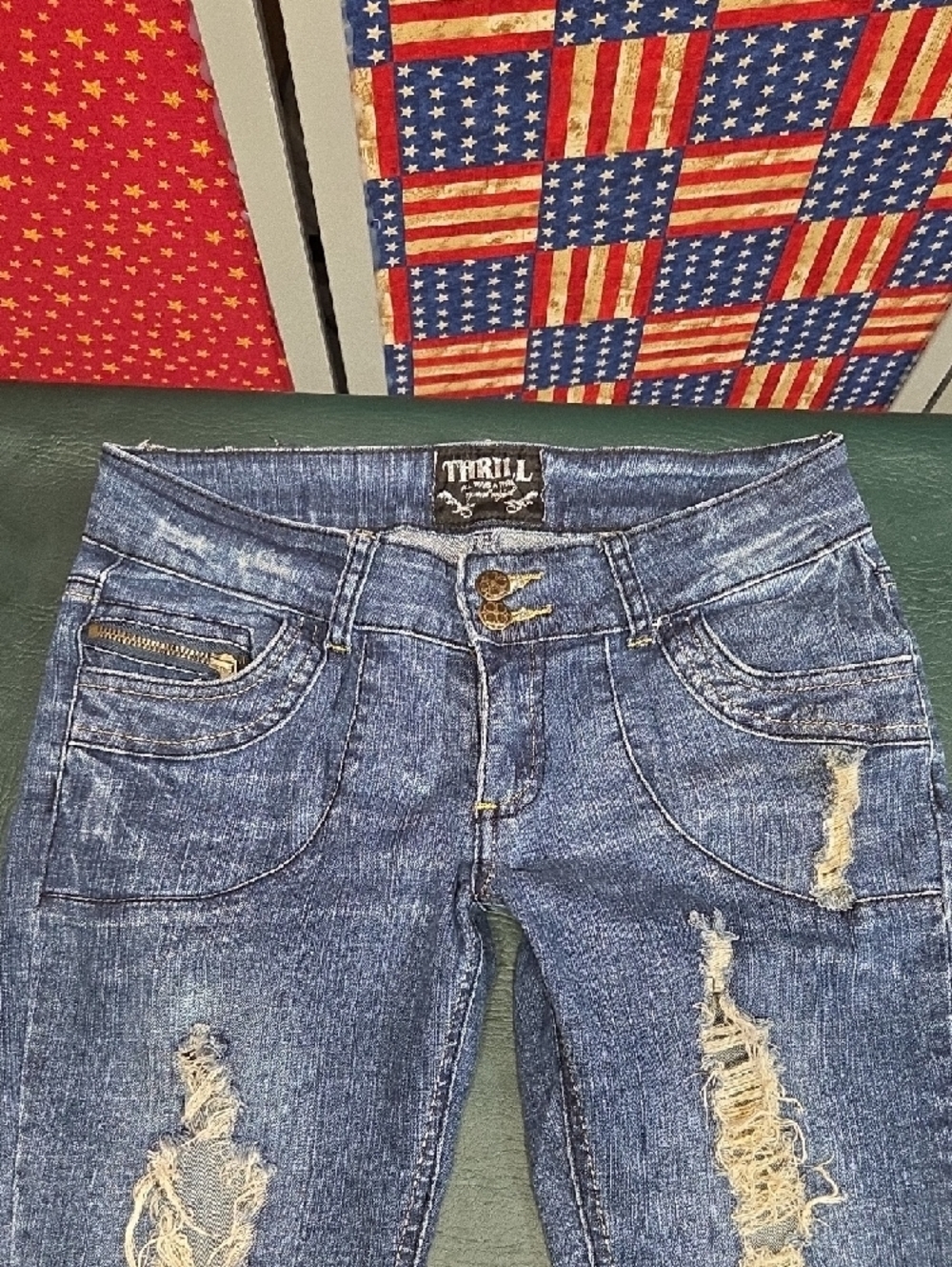 **Women’s Skinny Distressed Blue Jeans with Burgundy Patch Details** - Picture 4 of 11